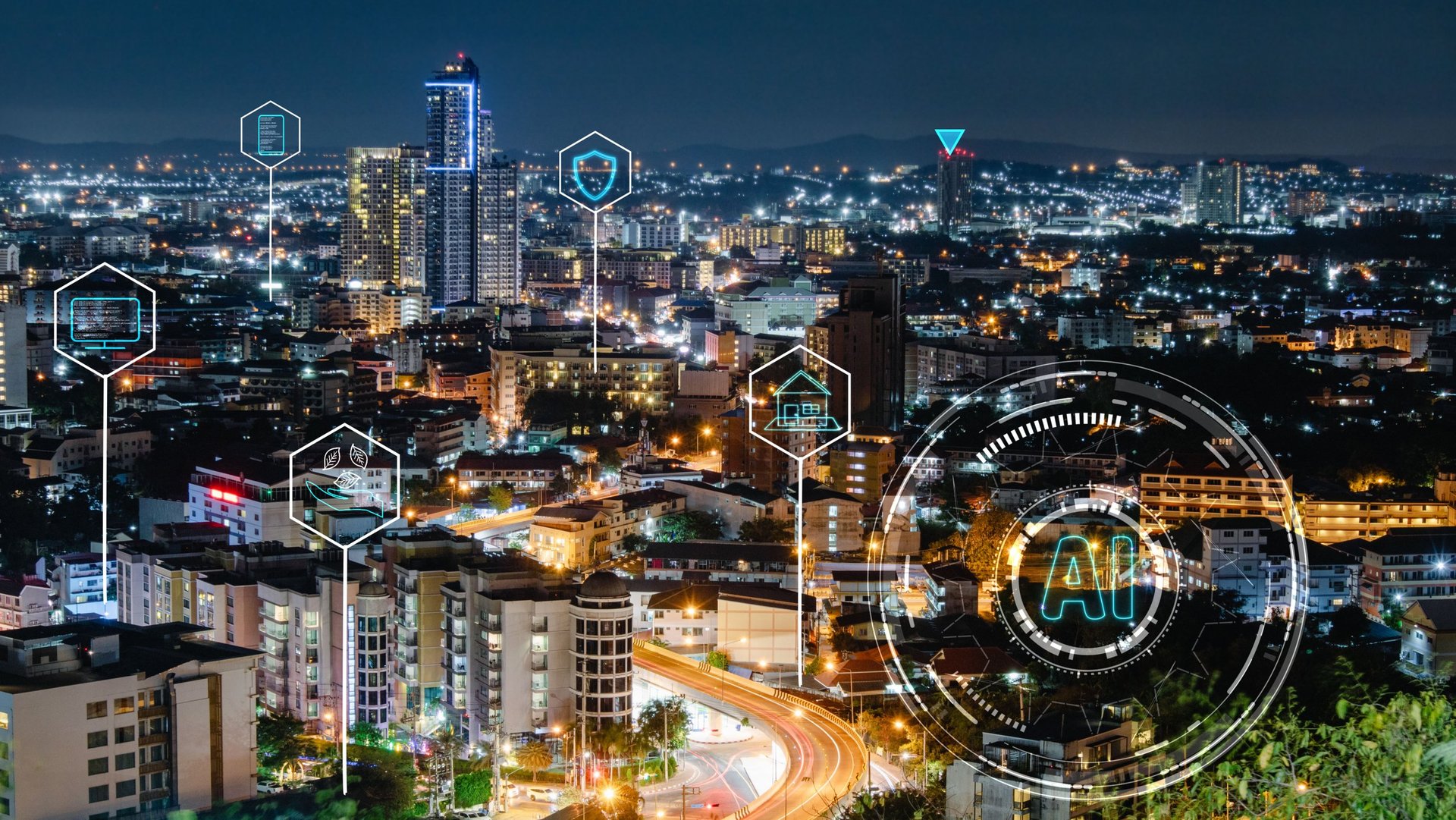 Smart city and tourism industry with AI technology of security encryption icons.