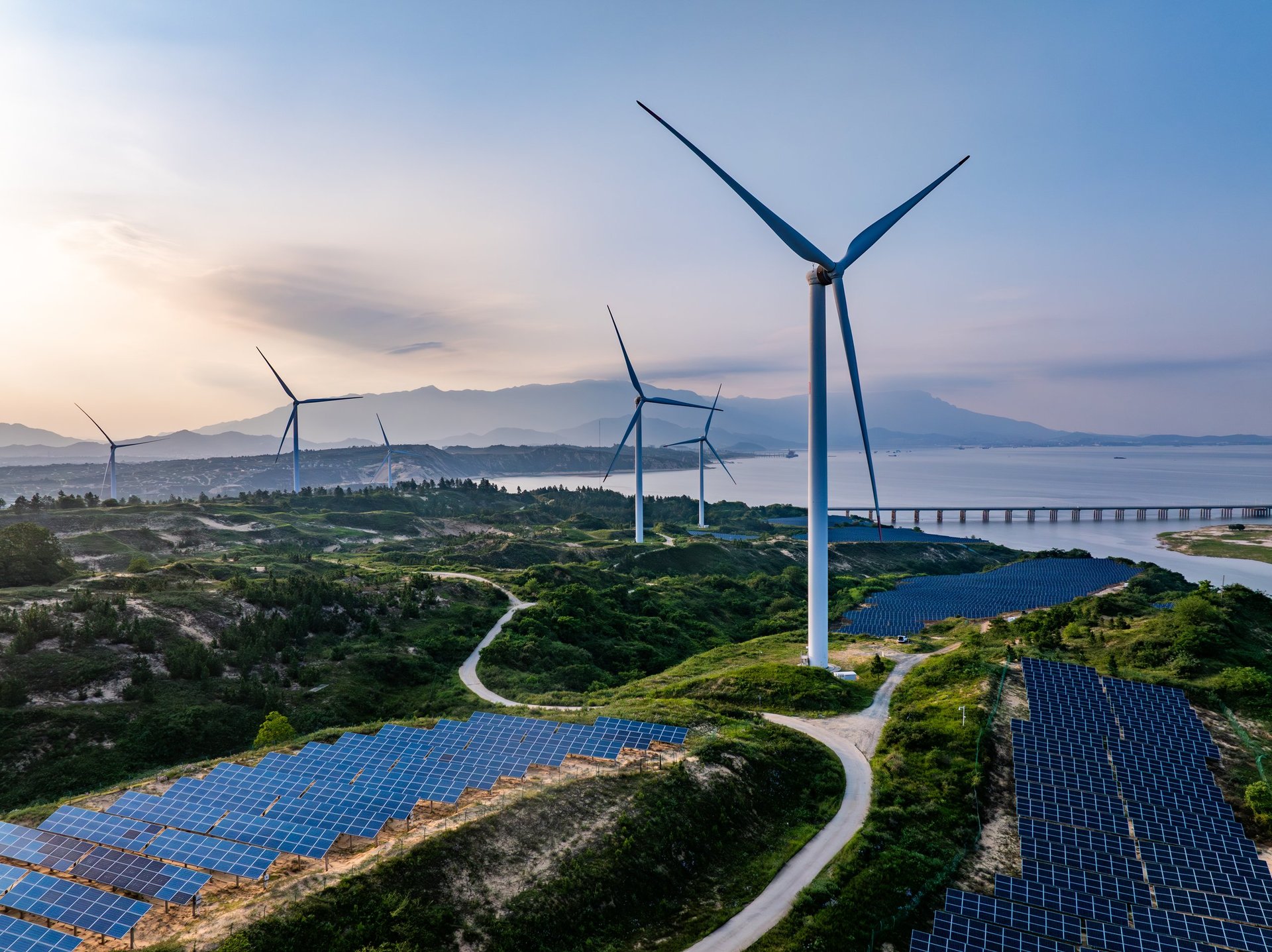 Solar panels and wind turbines renewable energy