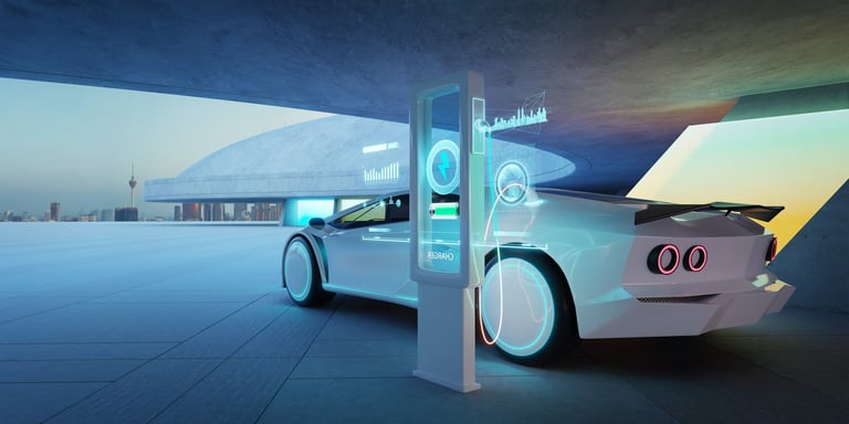 White electric sports car charging at a futuristic station in a modern city with neon lights.