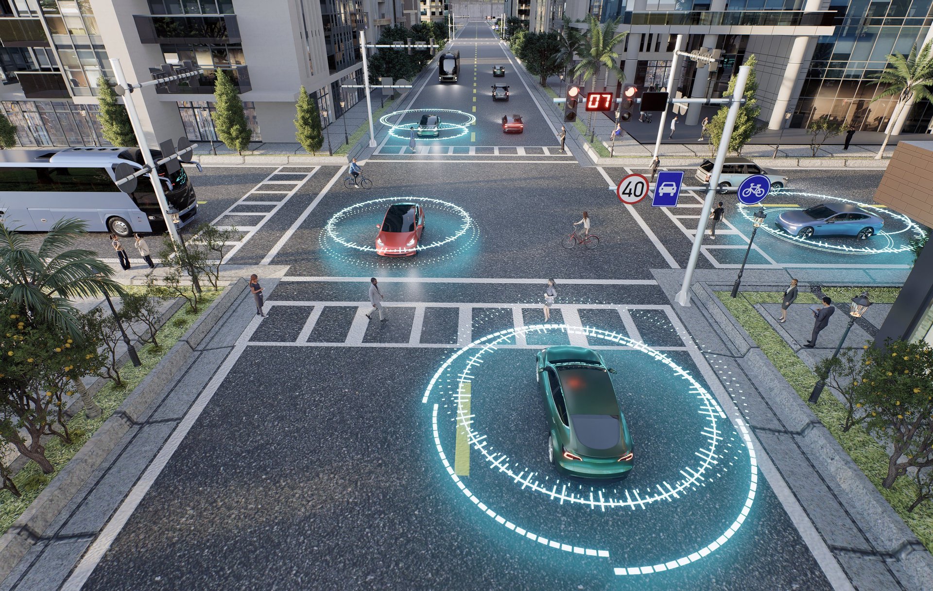 3D render of autonomous vehicles in an urban scene with wireless radar technology.