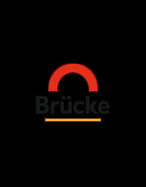 Brücke logo featuring a red arch above dark gray text with a yellow underline on black background