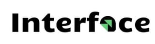 Interface company logo with black text and a green curved design element in the letter c