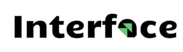 Interface company logo with black text and a green curved design element in the letter c