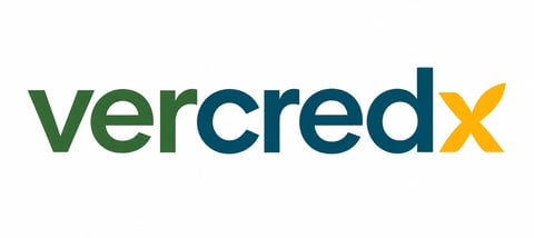 Vercred logo with green, teal, and yellow text featuring a checkmark symbol